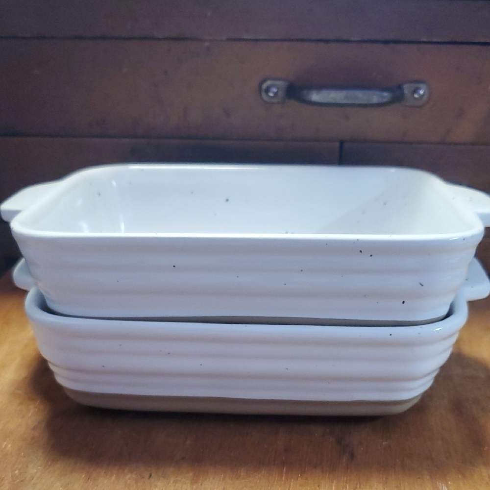 White Ceramic Rectangular Baking Dishes with Handles - Set of 2 - 8" X 5"  D